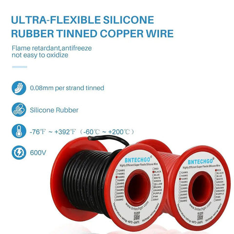Red And Black 16 AWG Silicone Wire Spool 50 Ft Flexible Tinned Copper Stranded Cable For Car DIY, Audio, RC Projects