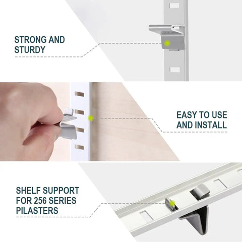 Close-up of 28 Piece Adjustable Pilaster Shelf Clip Bracket Set for Metal and Wood Shelving showing strong and sturdy support.