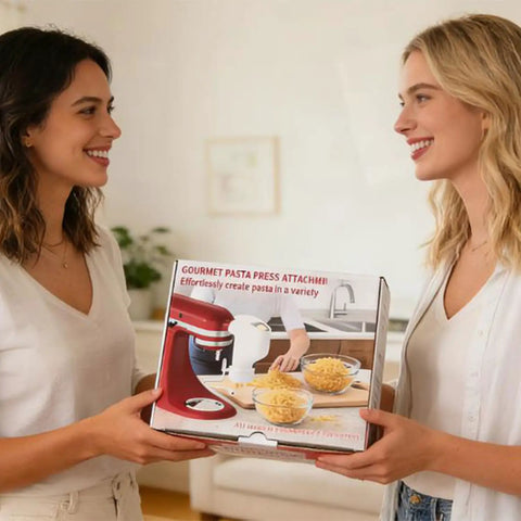 Two people holding a boxed All In One Pasta Press Attachment For Stand Mixers With 7 Interchangeable Plates in kitchen.
