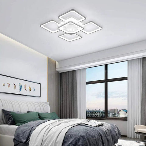 Sleek Two Layer Square LED Ceiling Light Flush Mount White Modern Minimalist Chandelier For Living Room And Bedroom 75W Cool White 5000K With Five Square Shades For Bright Even Illumination in a bedroom setting