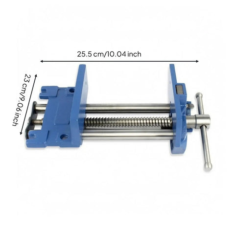 Heavy Duty Navy Cast Iron Carpentry Bench Clamp Vise With Smooth Horizontal Grip Handle For Solid Workholding In Everyday ShopProjects side view with dimensions.