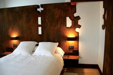 Bedroom with rust effect metal wall panels created by Rust Activator For Metal Effects 1 Gal PA904 Water Based Acidic Solution