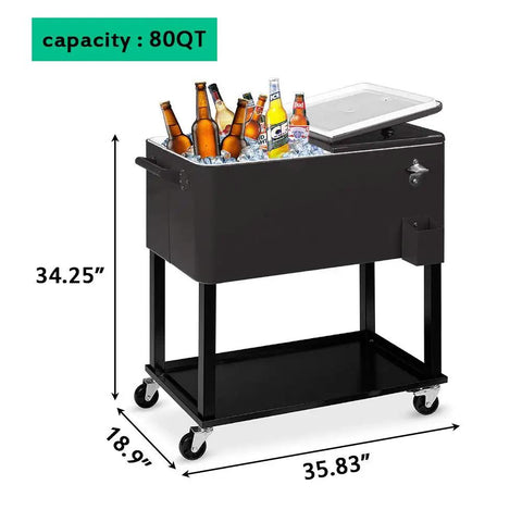 Portable Rolling Patio Cooler With Wheels And Bottle Opener, 80 Quart Beverage Cart For Backyard Parties, Black Ice Chest