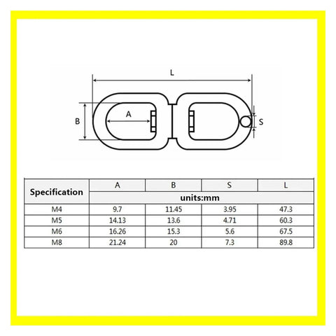304 Stainless Steel Double Eye Swivel Anchor Link For Marine Boat Rigging specifications chart with measurements.