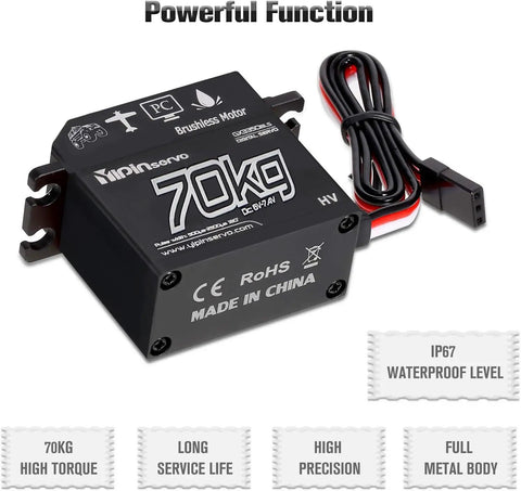 Beefy 70Kg High Torque RC Servo With 25T Arm, IP67 Waterproof Full Metal Body, 180 Degree Steering, Heavy Duty, Long Lasting Performance For 1/10, 1/8, 1/5 Scale RC Cars And Trucks in black metal body with cable
