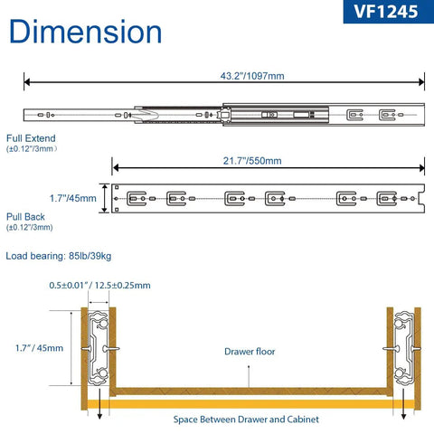 Dimensions and specifications of Heavy Duty 22 Inch Push To Open Drawer Slides For Handleless Cabinets.