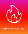 UL94 V-2 flammability rating icon on gradient background for solid as a rock tan and red wire connectors.