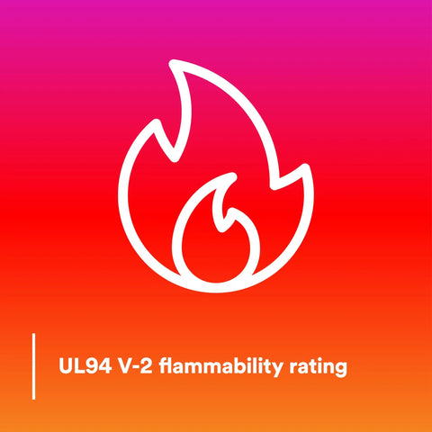 UL94 V-2 flammability rating icon on gradient background for solid as a rock tan and red wire connectors.