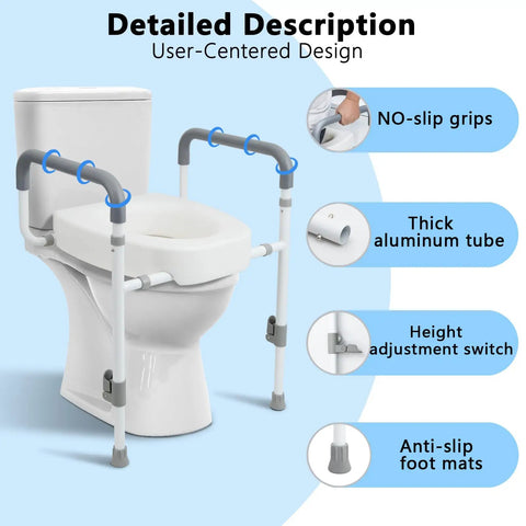 Heavy Duty Raised Toilet Seat Riser With Secure Armrests And Soft Grip Handles And Solid Frame Setup showing aluminum tubes and adjustment features.
