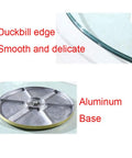 Game Changing Tempered Glass Lazy Susan Turntable for Dining Table showing duckbill edge and aluminum base