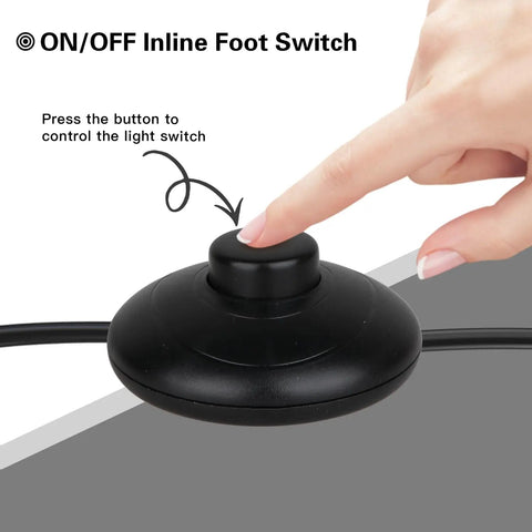 Person pressing Floor Lamp Foot Switch Inline Pedal Switch For No Fuss Easy Control Round Black Push Button On Off Spring Loaded