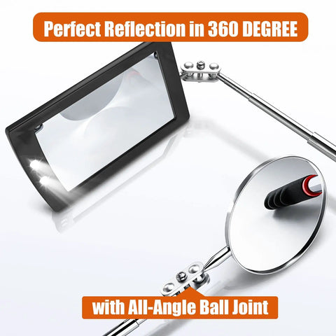 Telescoping Magnetic Pickup Tool Set with 360-degree adjustable round and square mirrors for inspection.