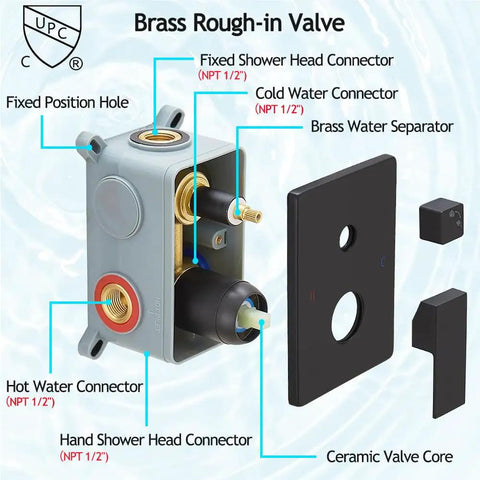 Brass rough-in valve for shower system, featuring connections for hot and cold water for smooth installation.
