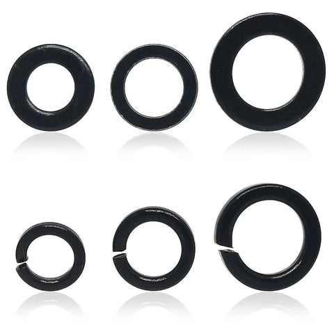 100 Sets Stainless Steel Flat And Spring Washers Kit For Bolts M5 Size Heavy Duty Includes 100 Flat Gaskets And 100 Split Lock Washers Black Zinc Plated Corrosion Resistant Hardware Pack. Black zinc M5 stainless flat and split lock washers, assorted sizes shown.