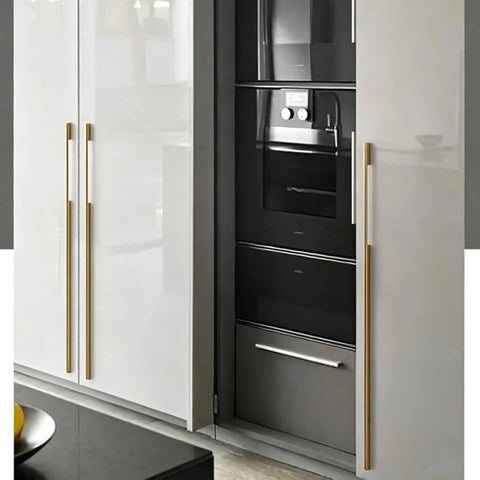 Five Pack Solid Brushed Gold Cabinet Handles For Kitchen Cabinets, Dressers And Furniture, Long Drawer Pulls on white cabinets