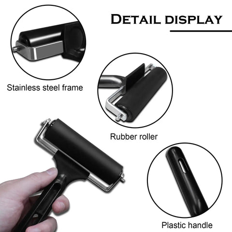 4 Inch Rubber Brayer Roller For Flooring Installations And Decking, showing rubber roller, stainless steel frame, plastic handle