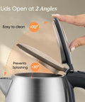 Electric Kettle With Plastic Free Interior And 304 Stainless Steel Build showing open lid angles for easy cleaning