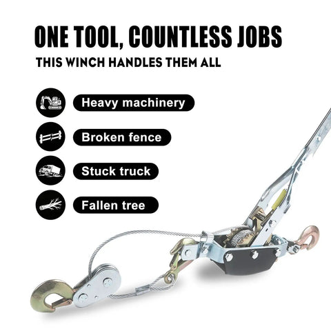 Come Along 5 Ton Heavy Duty Hand Winch With 10 Foot Steel Cable And Dual Ratchet Gears For Off Road Recovery Stuck Vehicle Towing Farm Use Truck And Trailer Recovery And Heavy Lifting shown with steel cable and hooks