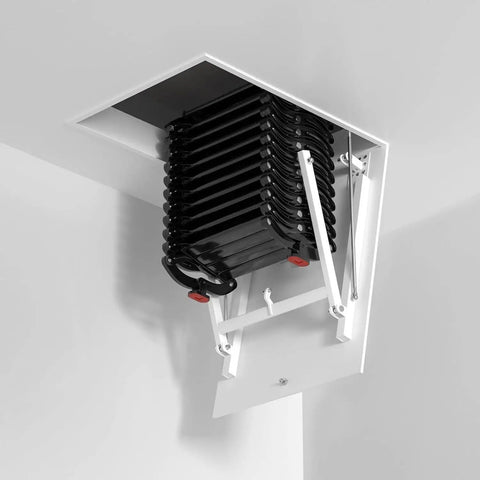 Rock Solid Electric Attic Ladder With Remote Controlled Folding Pull Down Loft Stairs visible in ceiling, compact design.