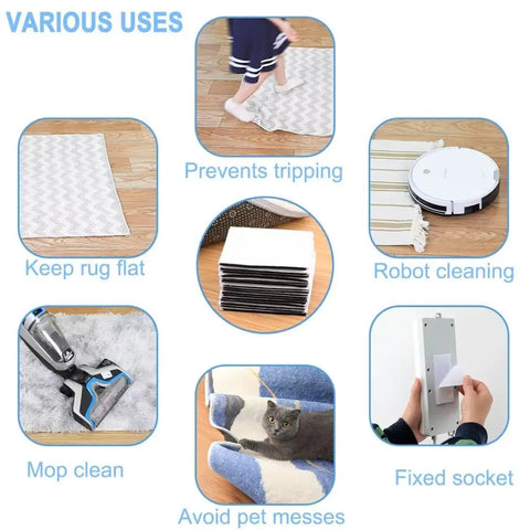 Image demonstrating various uses of Non Slip Rug Tape And Corner Anchors Pack For Carpets And Rugs, including keeping rugs flat and avoiding tripping.
