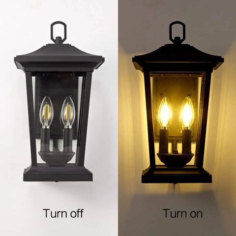 Rugged Outdoor Wall Lantern For Porches And Patios, Weatherproof Aluminum Sconce With Clear Glass Shade, dual view off and on