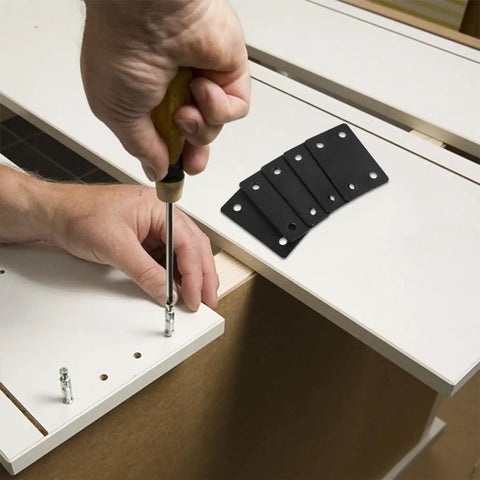 Person using screwdriver with Six Pack Stainless Steel Straight Mending Plates for wood furniture repair visible beside