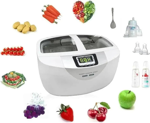 Top Tier Two Point Five Liter Ultrasonic Cleaner With Silent Smooth 40Khz Operation, vegetables and fruit around it.
