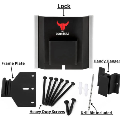Heavy Duty Front Door Security Bar And Killer Strength Door Barricade Lock Stops Forced Entry Instantly parts with lock, screws, and drill bit.