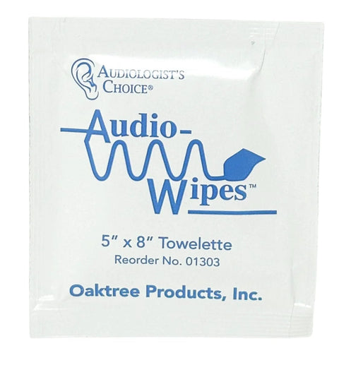 Audiologist's Choice Audio Wipes front package; 5 by 8 inch towelette, Oaktree Products, Inc.