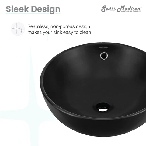 Sublime Round Vessel Sink In Matte Black With Above Counter Installation, Durable Non Porous Scratch Resistant Ceramic, No Faucet Included
