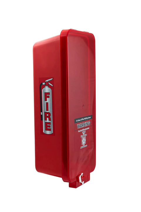 Built Tough Red Surface Mount Fire Extinguisher Cabinet With Lock Down Door And Quick Grip Pull Cover For Heavy Duty All Weather Outdoor Safety Setup Box side view, rugged polymer shell