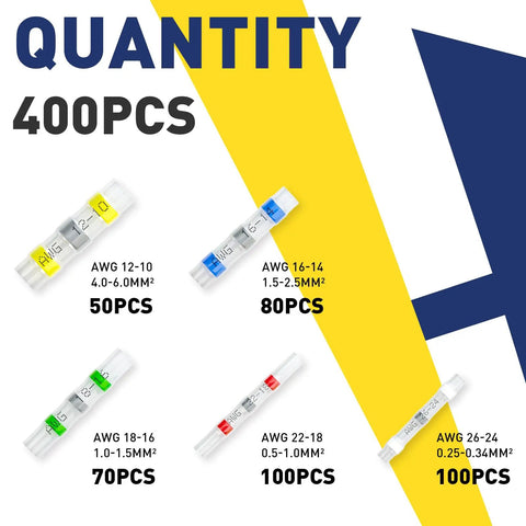 400 Piece Solder Seal Wire Connector Kit For 26 To 10 Gauge Marine Grade Heat Shrink Waterproof Butt Connectors And Butt Splice Electrical Wire Connectors Kit In 5 Colors And 5 Sizes, image showing quantity per color and size.