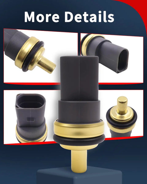 Close-up views of 2 Pin Engine Coolant Temperature Sensor for Audi and VW Cars, showing connectors and design details.
