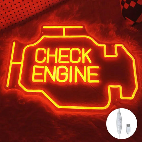 Check Engine neon sign with warm white LED lights suitable for bedrooms, living rooms, bars, club decor, wedding parties, and events.