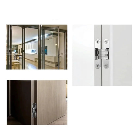 Top Shelf Heavy Duty Concealed Door Hinges With Flawless Invisibility And Buttery Smooth Operation Crafted From Premium Stainless Steel shown in various angles on doors.