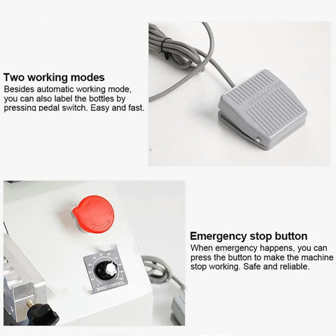 Heavy Duty Automatic Round Bottle Label Applicator Smoothly Handles Double Sided Tagging For Bottles And Jars 10 To 150 Mm foot pedal and emergency stop button features.