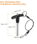 Two Pack T Handle Lock Pins 6mm x 40mm Stainless Steel Push Button Quick Release Pins showing dimensions and materials.