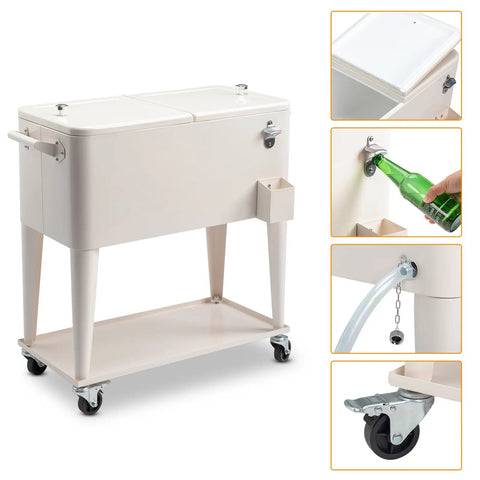 80 Quart Rolling Ice Chest Cooler Cart For Patio Parties Party Ready Stand Up Beverage Trolley With Shelf Beige Finish