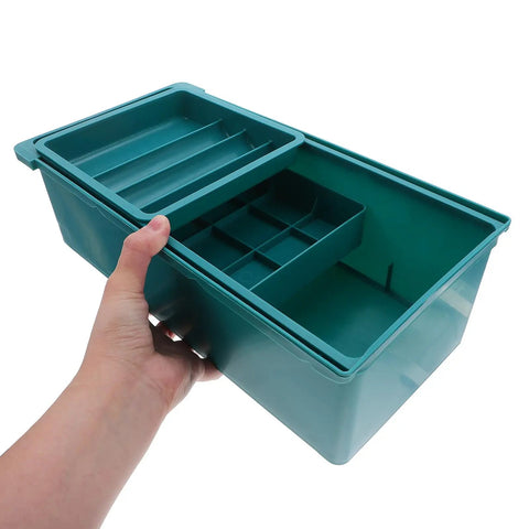 Under Desk Storage Tray With Three Tier Drawers, plastic desktop organizer held in hand showing compartments
