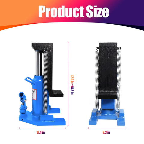 Bulletproof 20 Ton Hydraulic Toe Jack and Bottle Jack Kit Featuring Detachable Swivel Grip, showing product size dimensions in inches.