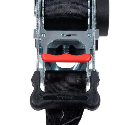 Close-up of 2 Inch By 10 Foot Auto Retract Ratchet Straps With Coated S Hooks Tiedowns For Motorcycles ATVs Bikes And Trailers