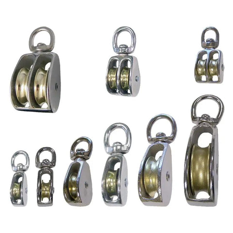 Heavy Duty Swivel Double Wheel Pulley For Quarter Inch Rope Hoisting And Maneuvering Indoors Or Outdoors Built To Last With Premium Steel, Low Friction, 360 Degree Swivel Eye, Weather Resistant And Tangle Free, assorted sizes