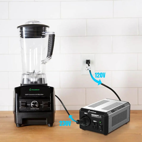 Blender connected to Beefy 450 Watt Voltage Transformer Step Up Down Converter 110 120V To 220 240V for power conversion