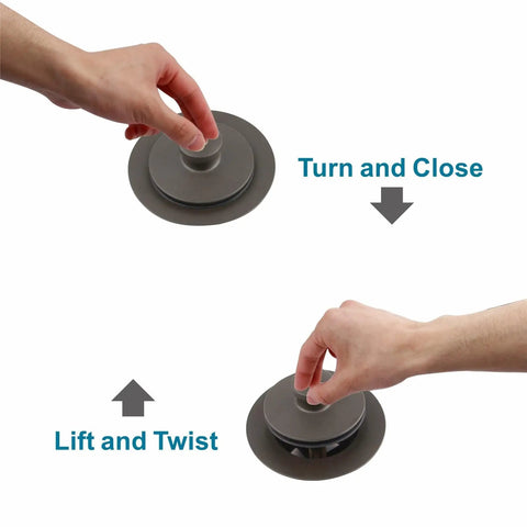 Universal Lift And Turn Tub Drain Kit With Overflow Faceplate in use, illustrating turn and close, lift and twist mechanism.