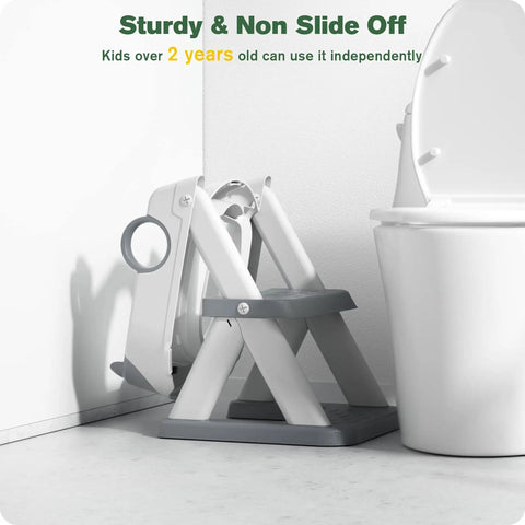 No Drama Toddler Potty Training Seat With Built In Step Stool Two In One Tot Ready Bathroom Combo For Kids shows sturdy grey step stool beside toilet.