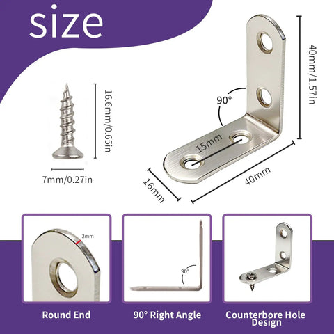 Five Heavy Duty L Shelf Brackets In Premium Stainless Steel For 90 Degree Corner Bracing On Wood Shelves And Furniture, dimensions shown.