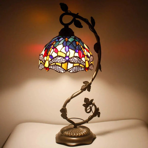 Stained Glass Tiffany Style Dragonfly Table Lamp With Blue Yellow Glass Shade Dope Bronze Metal Leaf Base 21 Inch Tall Desk Light