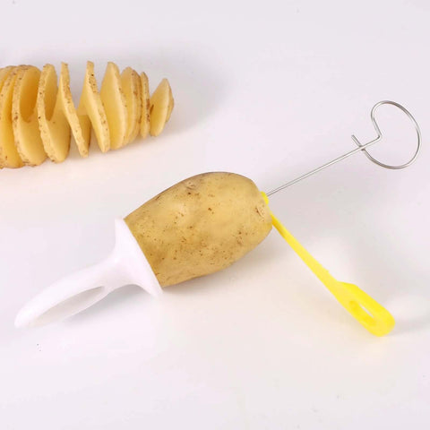 Manual tornado potato spiral cutter with white handle and metal spiral rod.