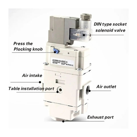 AV2000 AV3000 AV4000 Slow Start Valve 5DZB 5GZB 5GZC A Quiet Soft Starter For Air Pneumatic Systems showing air intake and exhaust ports.