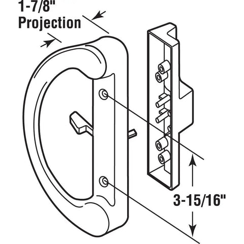Diagram of Mortise Style Sliding Patio Door Handle Set C 1343 Tan Diecast Non Keyed with measurements shown for installation.